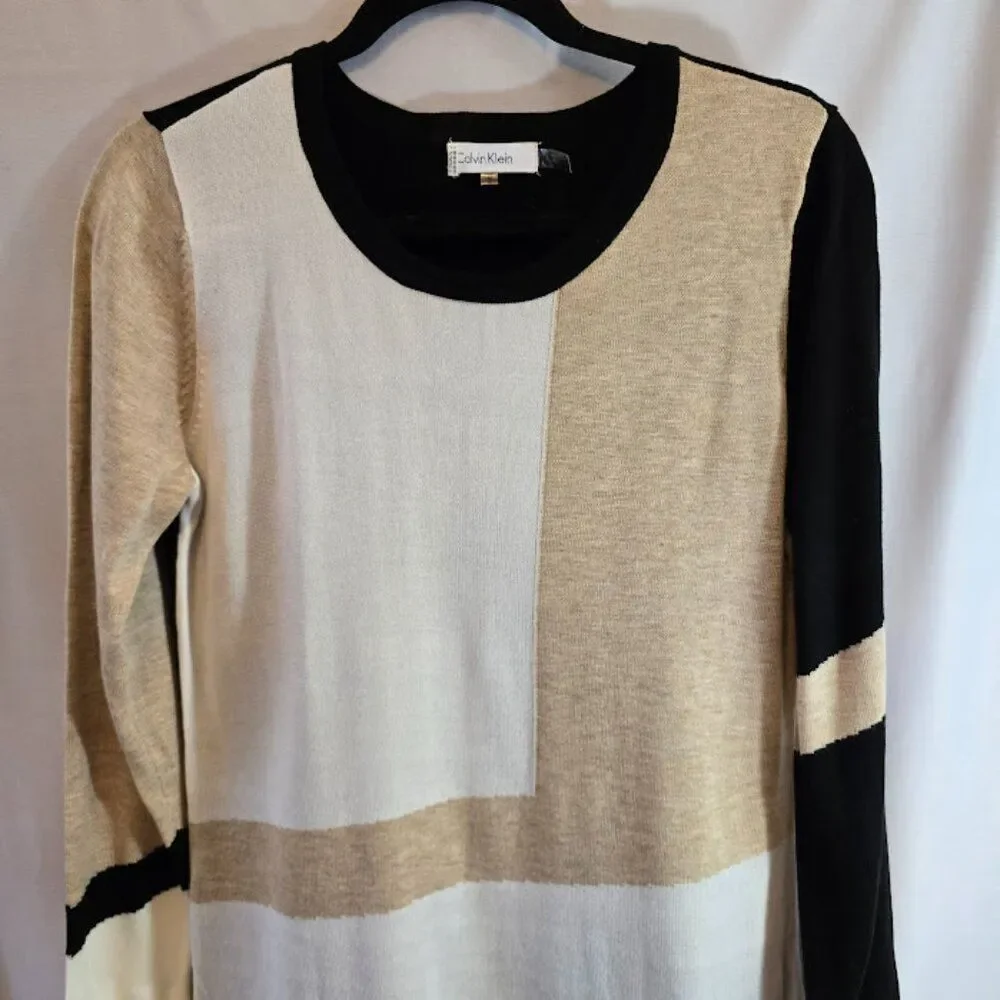 CALVIN KLEIN COLOR BLOCK SWEATER SIZE MEDIUM SWEATER LONG SLEEVE BLACK TAN IVORY - Picture 3 of 7